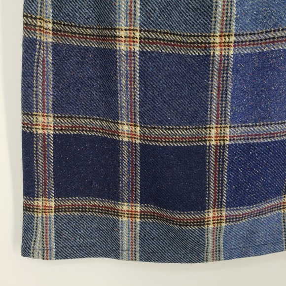 Vintage 90s Liz Claiborne Plaid Wool Skirt Sz 4 Blue Wrap Fringe Trim Tweed Mini - Picture 4 of 8